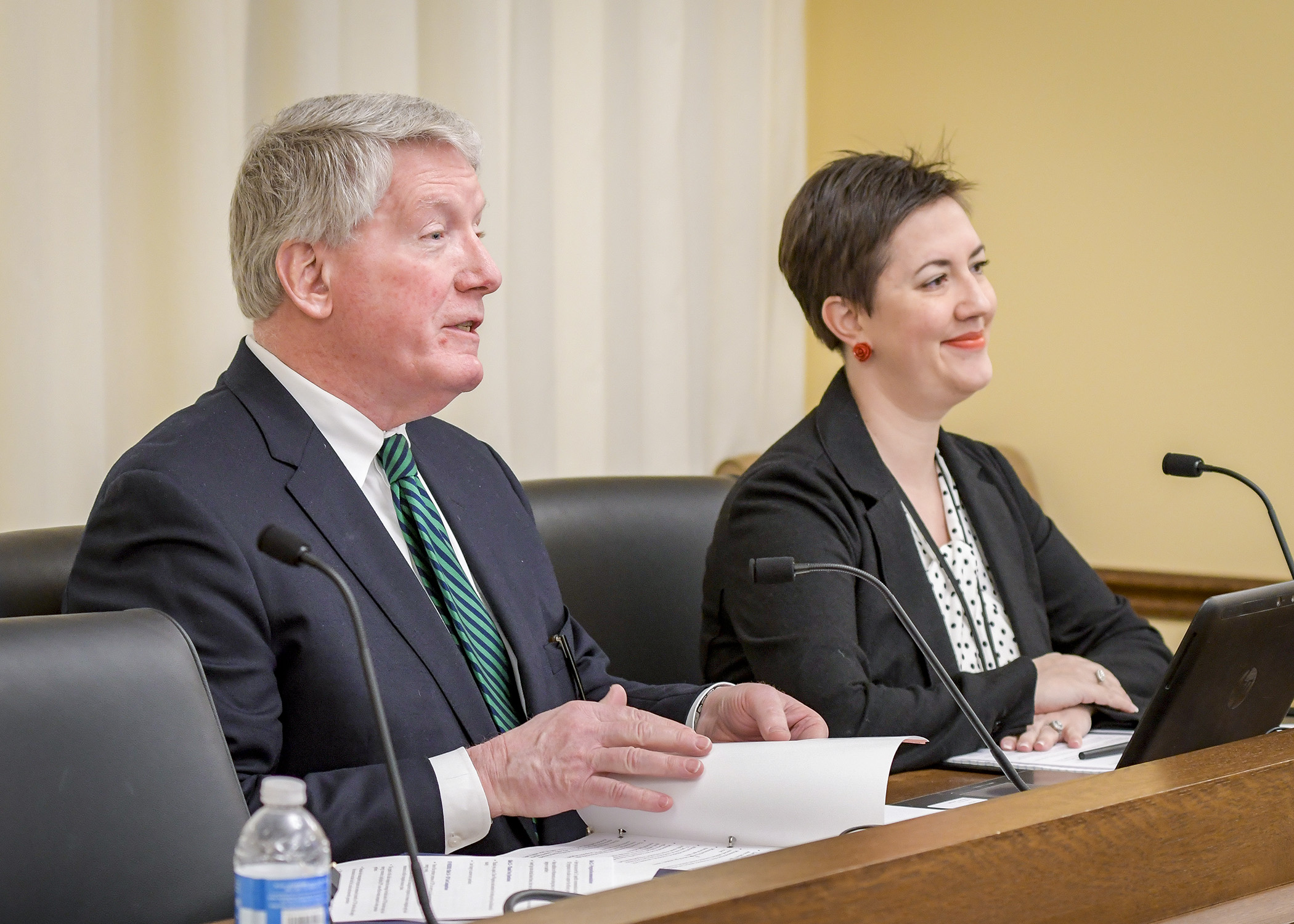 Commerce Commissioner Steve Kelley and State Energy Office Manager Jessica Burdette present a report on energy potential to the House Energy and Climate Finance and Policy Division Jan. 29. Photo by Andrew VonBank
